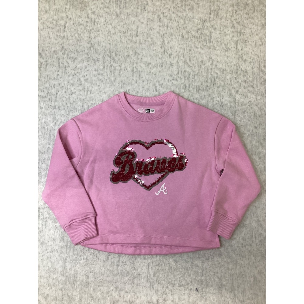 New Era Atlanta Braves Girls Pink Sequin Heart Sweatshirt Crewneck Size 6/6X NEW